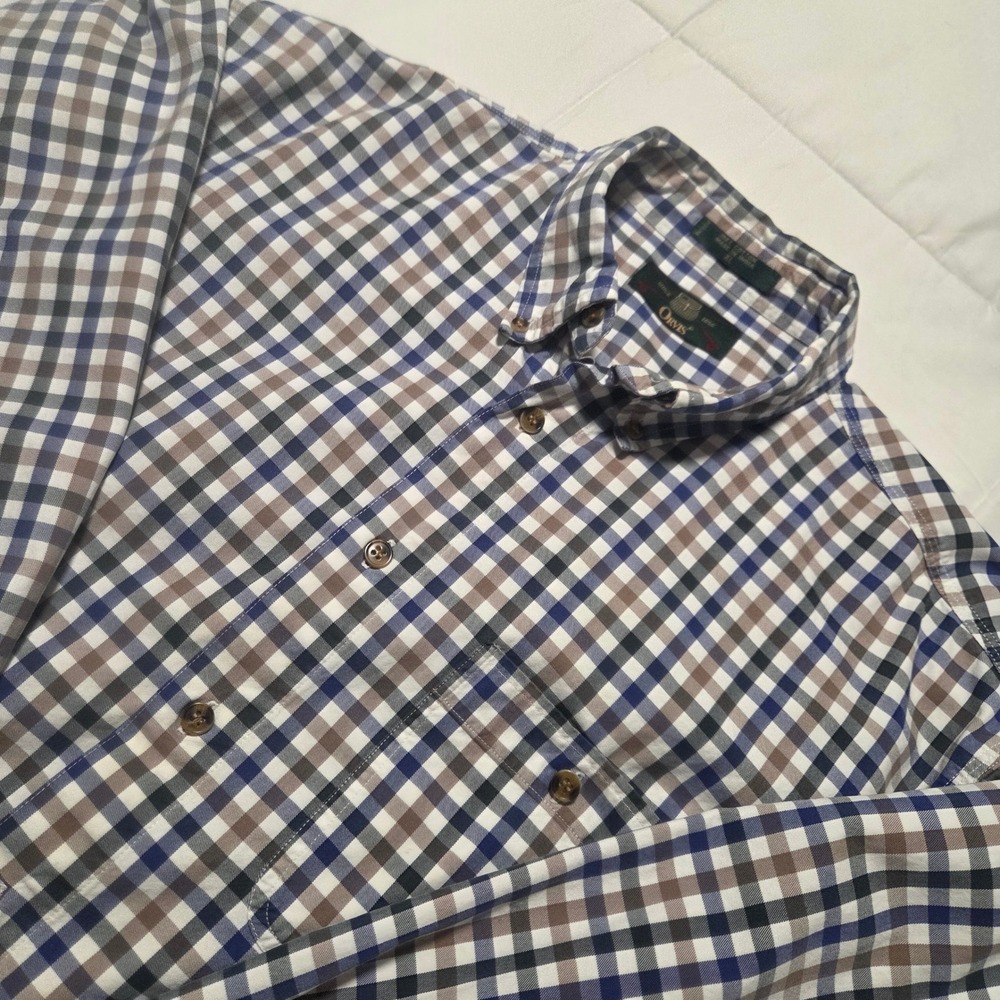 Orvis Mens XL Blue Brown Plaid Cotton Long Sleeve Button Down Shirt Checkered